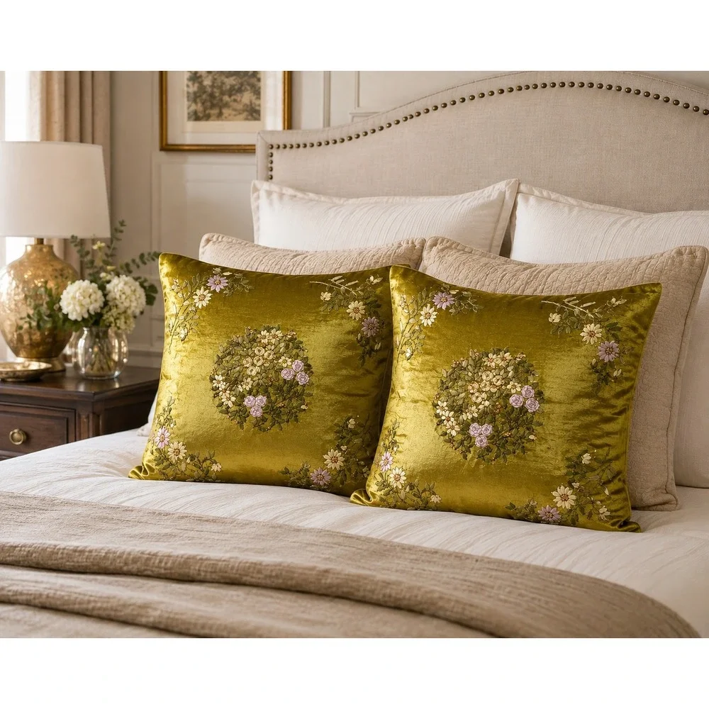 Huayu Set of 2 Gold Ribbon Embroidery Floral Pillow Covers 17.5x17.5 LH04-555